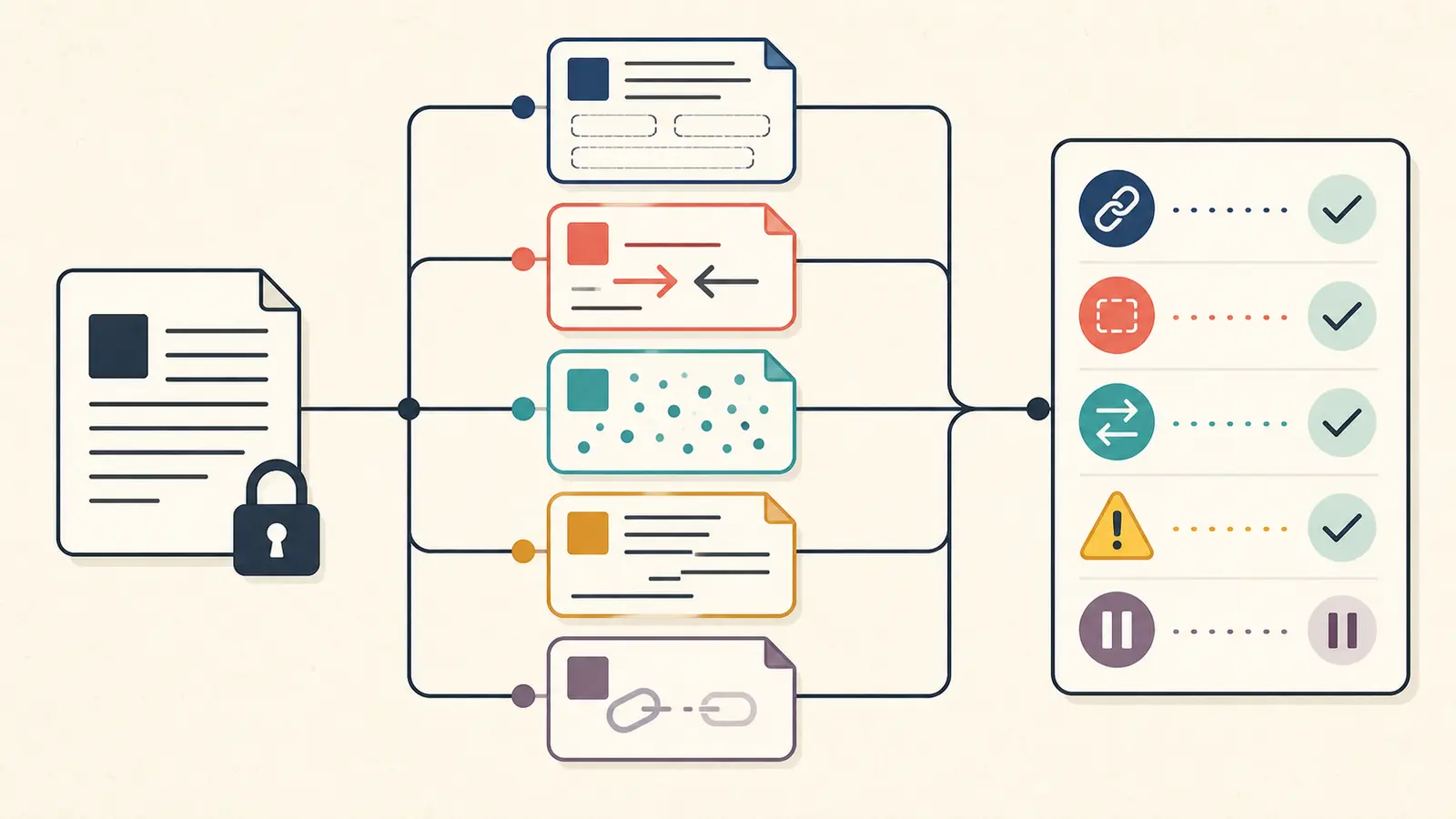 Illustration of a fixed research fixture being perturbed, rerun, graded, and routed to an action