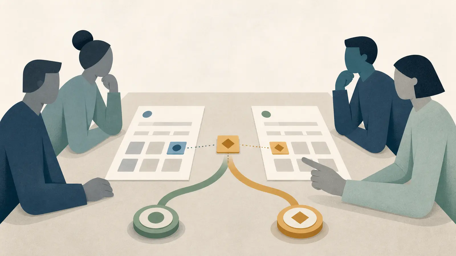 Illustration of two review teams comparing a versioned AI brief before release