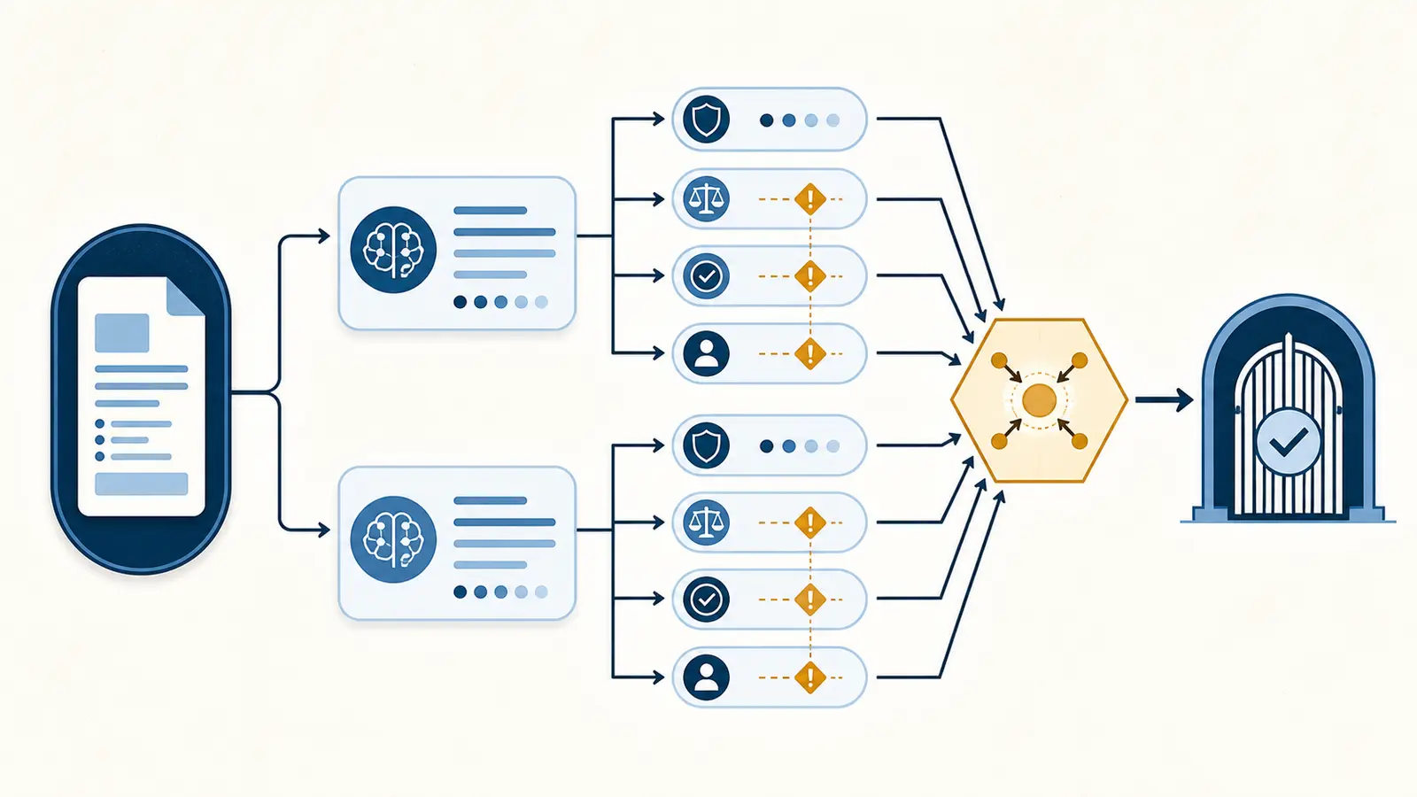 Illustration of one AI review input branching into two brief versions and a release gate