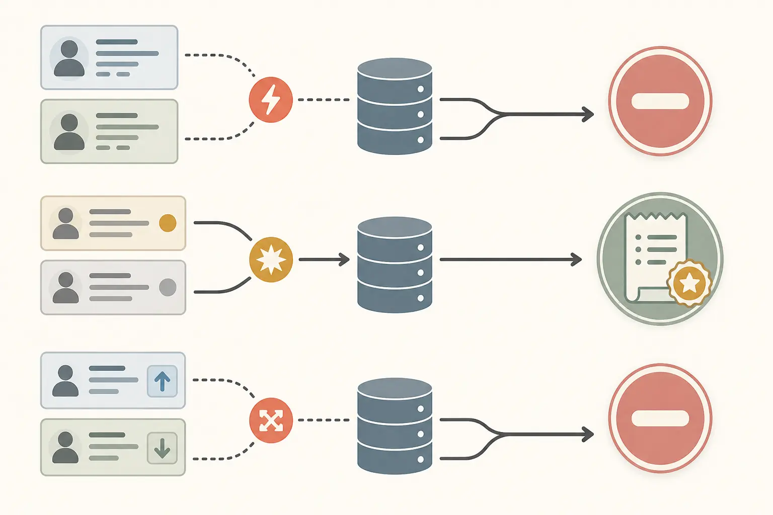 Illustration of CRM, billing, and support records converging on an authority and abstention decision