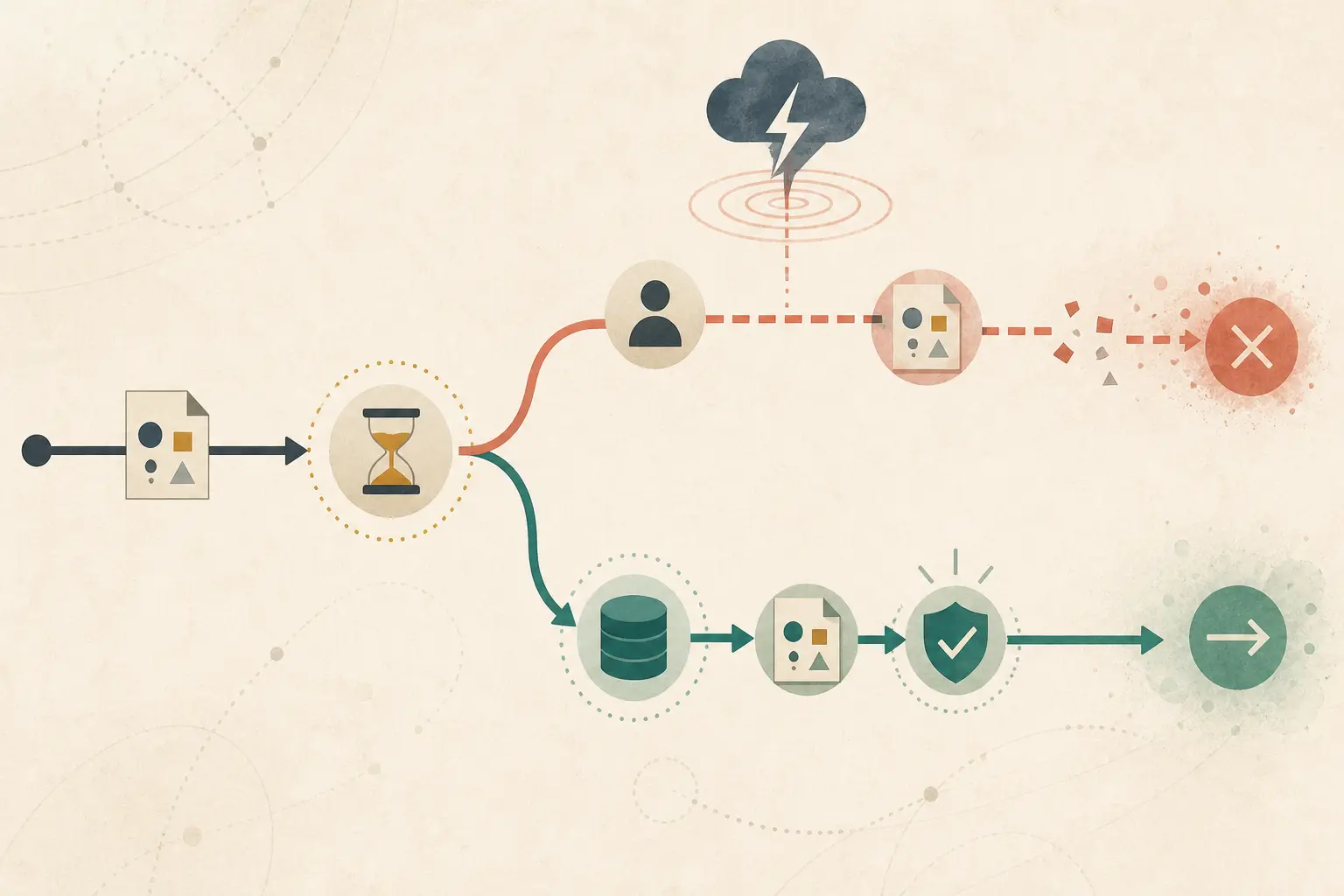 Illustration of an AI workflow splitting at a delayed human review and stale state boundary