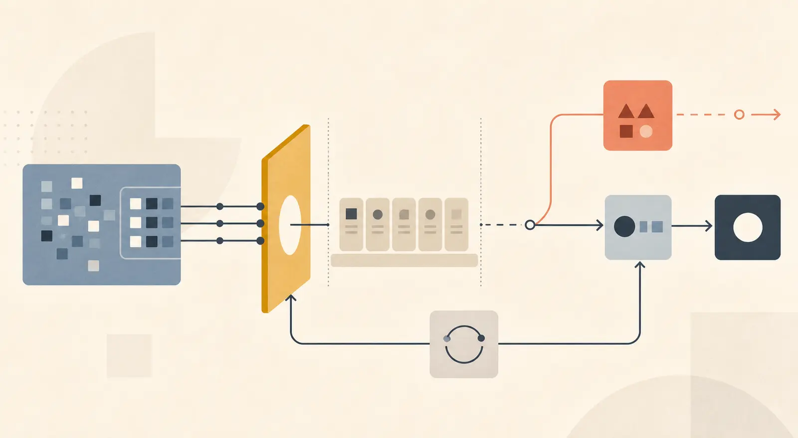 Illustration of an AI workflow measurement gate paused until the source of extra work is identified